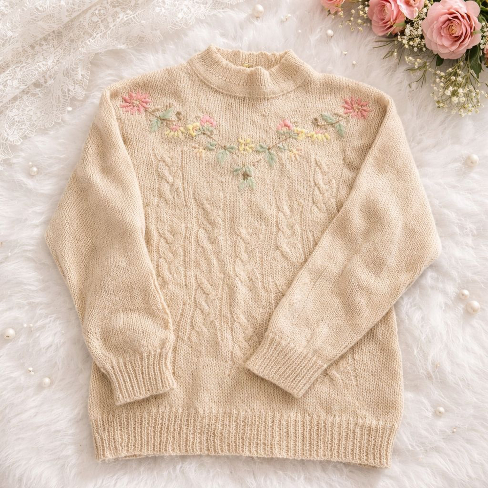Women's Vintage Michelle Stuart Beige Floral Embroidered Crew Neck Sweater L